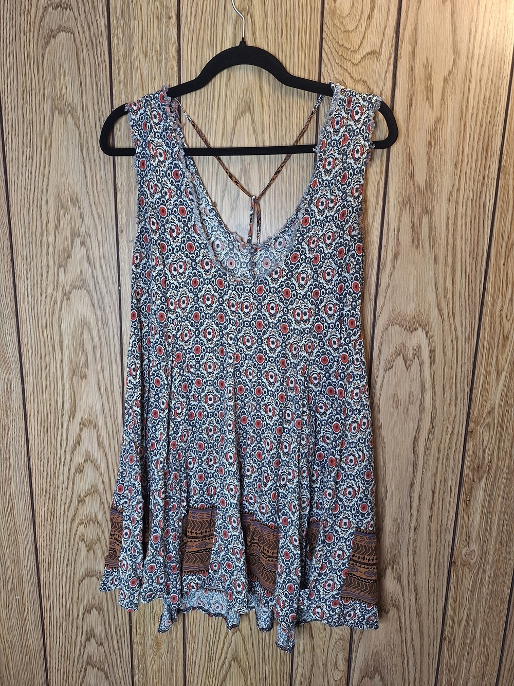 Boho Printed Sleeveless Tunic Dress with Brown Trim Size Medium - Picture 4 of 6